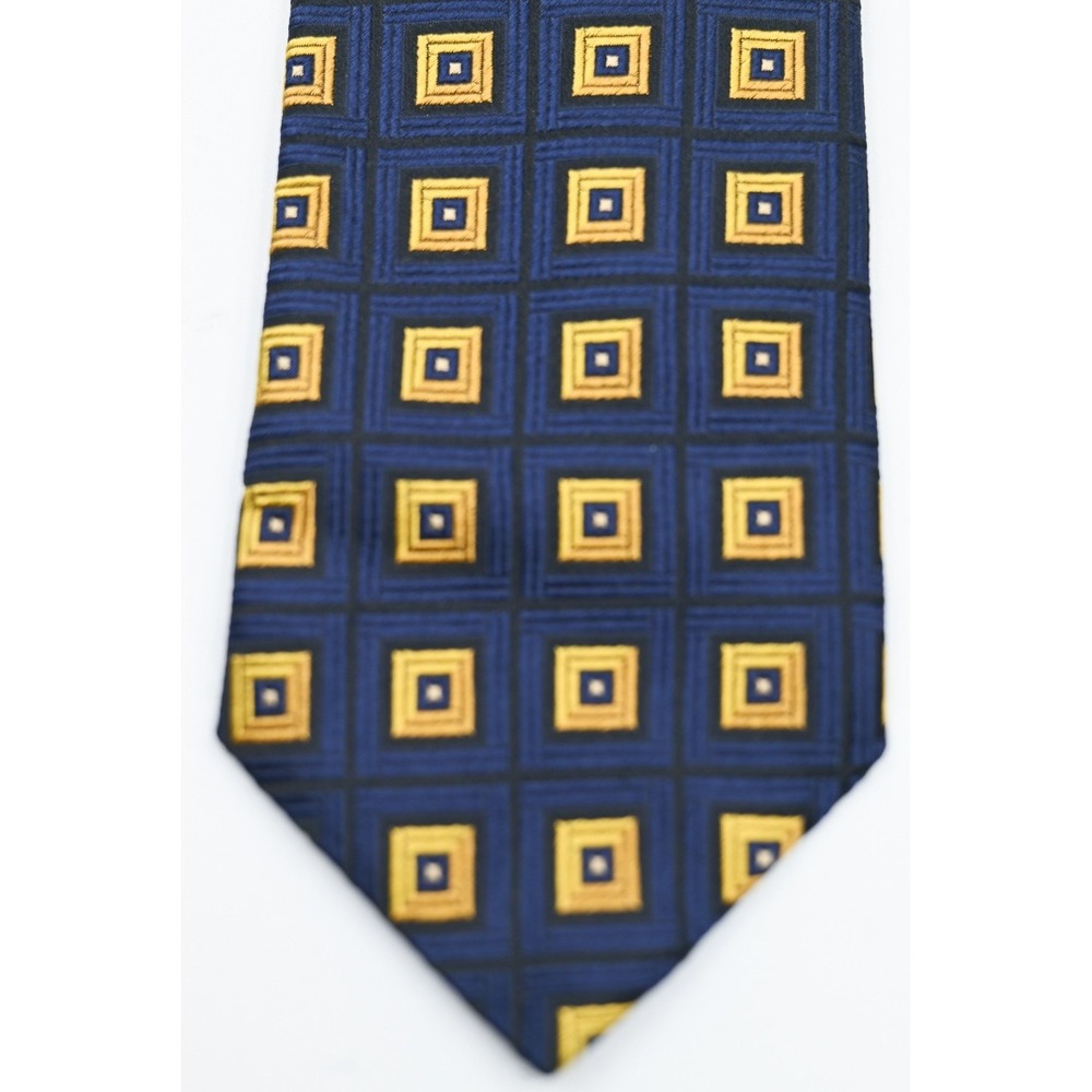 Canali Mens Silk Tie Navy Blue Gold Geometric Square Pattern Made in Italy